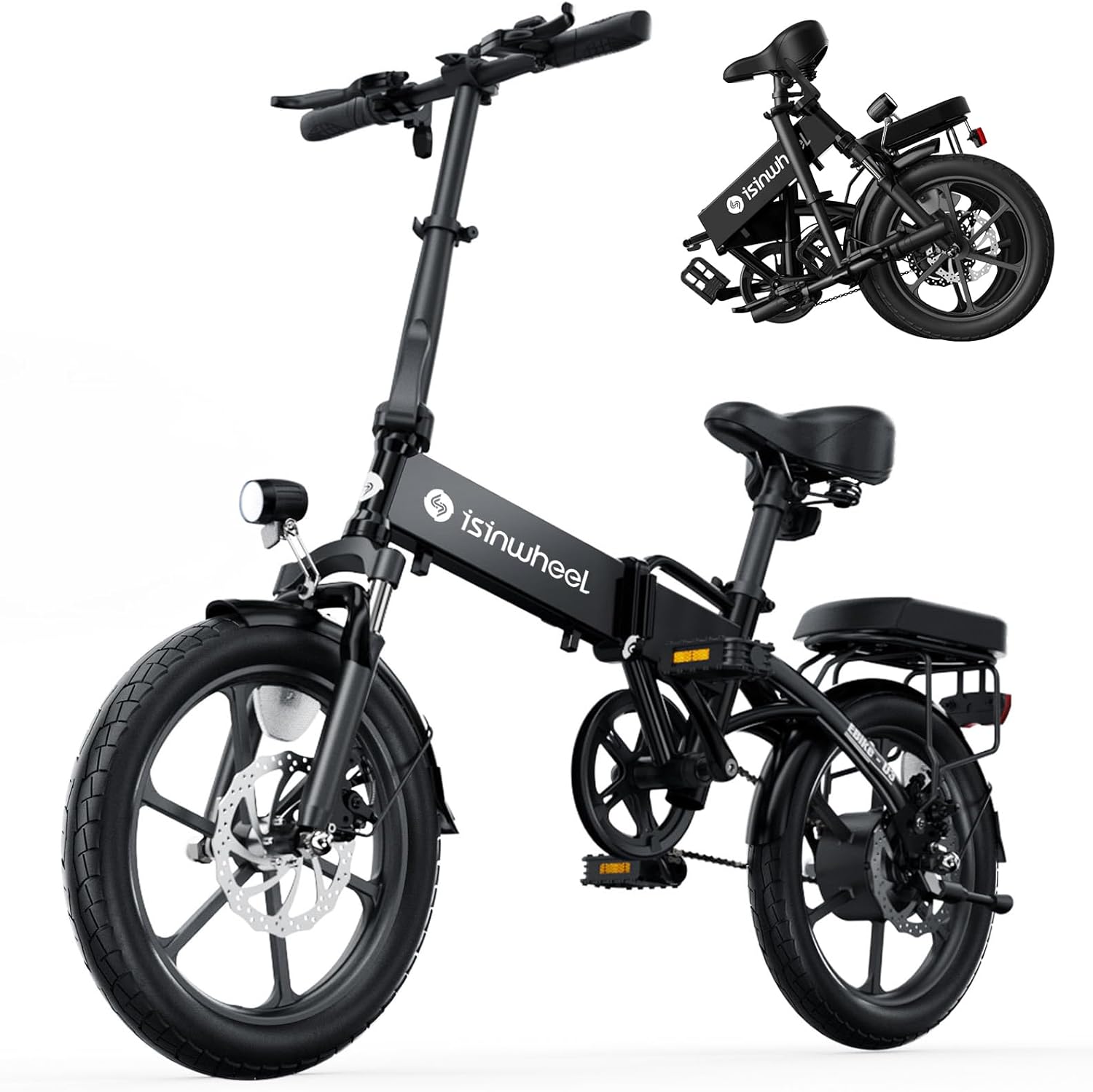 isinwheel U3 Electric Bike for Adults 16 Foldable Ebike, 500W Electric Bicycles with Front Fork Suspension, Rear Rack, 3A Fast Charge, 20 mph Mini Folding Ebike for Adults and Teens